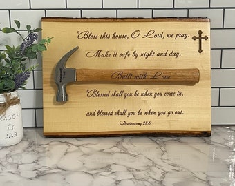 Bless This House Plaque W/Hammer-Beautifully laser engraved natural wood with a religious bible verse great for House Warming/Wedding gift
