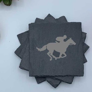 Race Horse, Set of Four Coasters, Slate Coaster Set, Personalized Coaster, Custom Coaster, Wedding Anniversary Gift, Housewarming, Unique