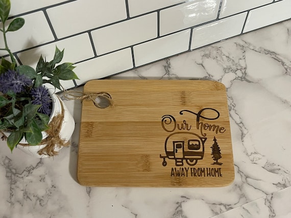 Happy Camper Bamboo Cutting Board,Retro RV Engraved Camping Cutting Board,  Camper Decor RV Gift for Couple,Camping,Housewarming&Party Small