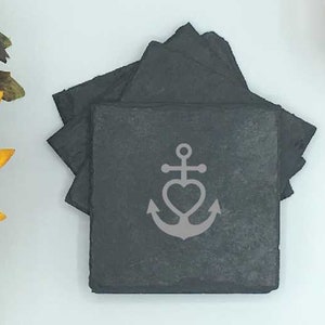 Ships Anchor, Set of Four Coasters, Slate Coaster Set, Personalized Coaster, Custom Coaster, Wedding Anniversary Gift, Housewarming, Unique