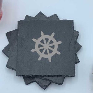 Ships Helm, Set of Four Coasters, Slate Coaster Set, Personalized Coaster, Custom Coaster, Wedding Anniversary Gift, Housewarming, Unique