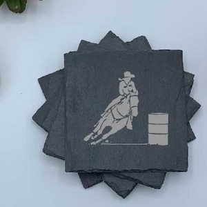 Barrel Racing, Set of Four Coasters, Slate Coaster Set, Personalized Coaster, Custom Coaster, Wedding Anniversary Gift, Housewarming, Unique