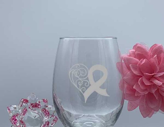 Breast Cancer Stemless Wine Glass Heart, Etched Stemless Wine Glass,  Engraved Wine Glass, Stemless Wine Glass, Breast Cancer, Survivor Gift