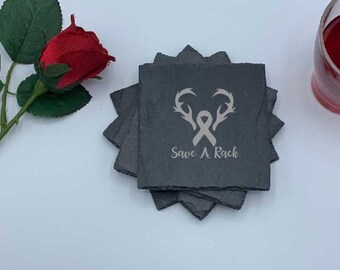 Breast Cancer Save A Rack Coaster, Set of Four Coasters, Drink Coaster, Engraved Coasters, Custom Slate Coaster, Engrave Me This, Survivor