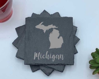 Michigan, Set of Four Coasters, Slate Coaster Set, Personalized Coaster, Custom Coaster, Wedding Anniversary Gift, Housewarming, Unique Gift