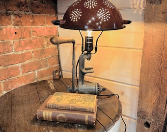 Primitive Rustic Lamp | Meat Grinder Lamp | Retro Lamp | Reading Lamp | Steampunk Lamp | Primitive Kitchen Decor | Reclaimed | Repurposed