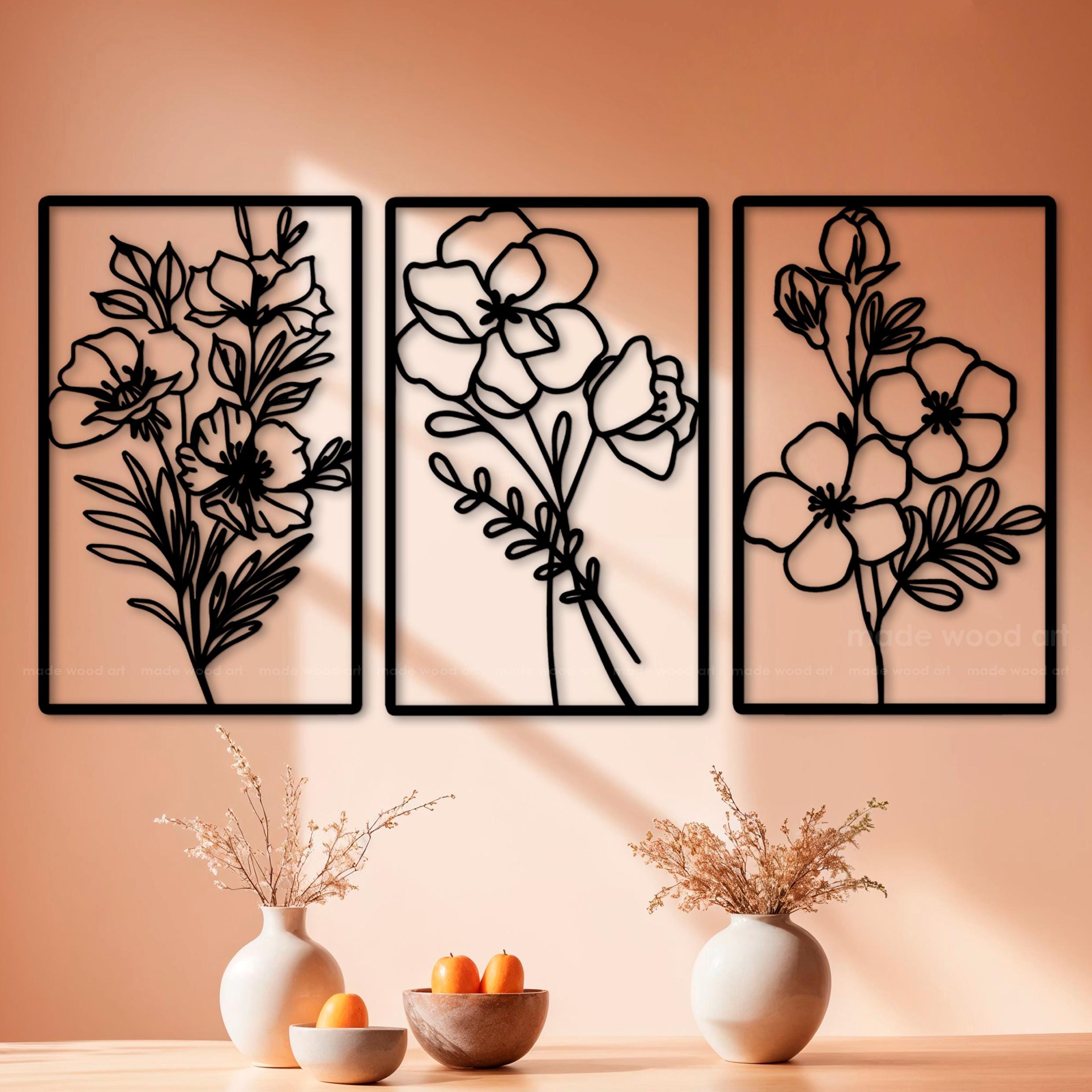 Wood Triptych Wall Art, Flower Line Art, Large 3 Piece Decor