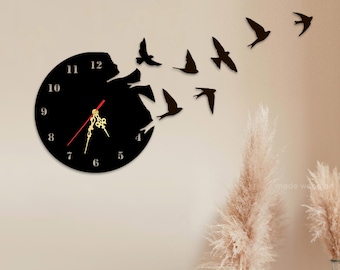 Unique Wall Clock, Wooden Wall Decor, Rustic Wall Clock, Wood Wall Art, Silent Wall Clock, Clocks for Wall, Bird Lover Gift, Apartment Decor