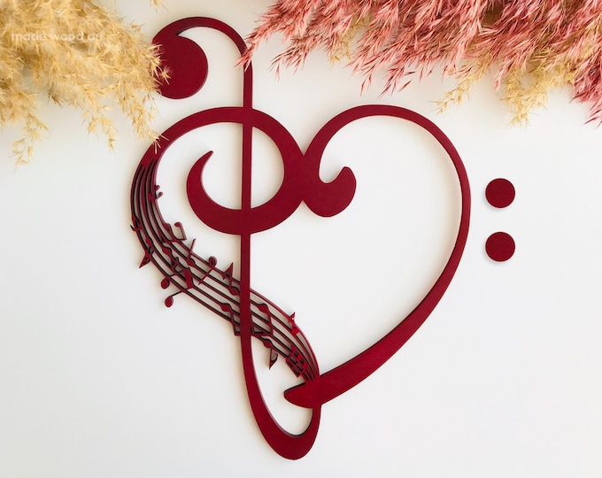 Music Wood Wall Art, Musical Note Heart, Treble Clef Sign, Love Symbol, Gifts for Musicians, Sheet Music Decor, Piano Room Artwork