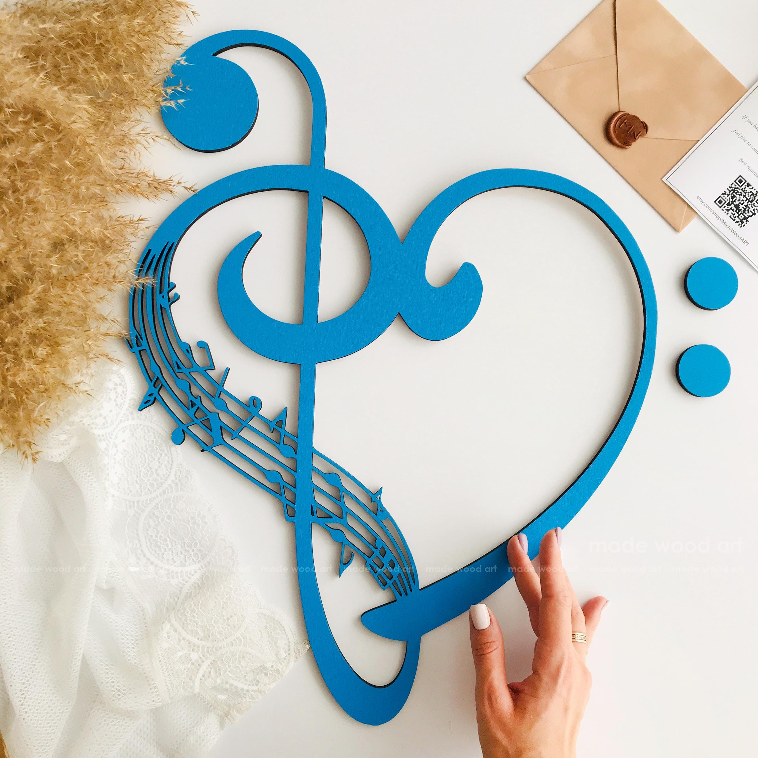 音楽木製ウォールアート、音符ハート、ト音記号サイン、愛のシンボル