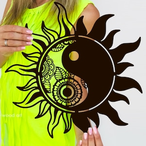 Wood Yin Yang Decor, Celestial Art, Sun Wall Hanging, Meditation Room, Bedroom Wall Decor Over the Bed, Round Artwork, Zen Wall Decoration