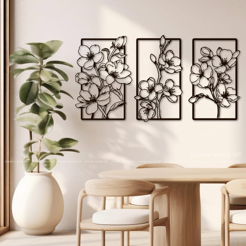 3 Piece Wall Art, Triptych Wooden Decor, Cherry Blossom 3 Panel, Sakura ...