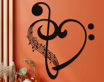 Musical note heart wall decor Wood wall art Treble clef decor Love symbol Music wall art Music gift Music decor Sheet music art Music notes
