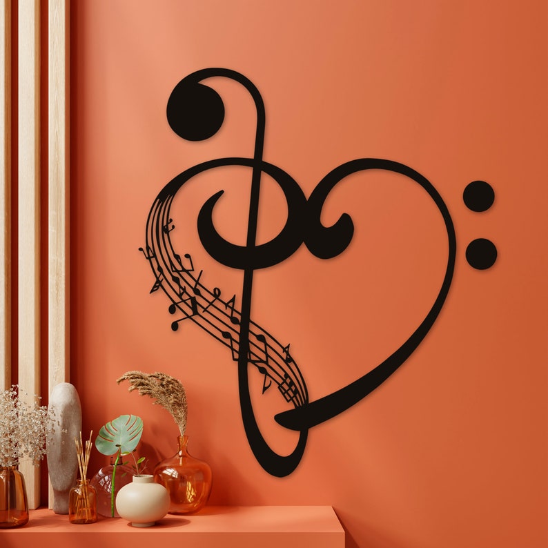 Musical note heart wall decor Wood wall art Treble clef decor Love symbol Music wall art Music gift Music decor Sheet music art Music notes