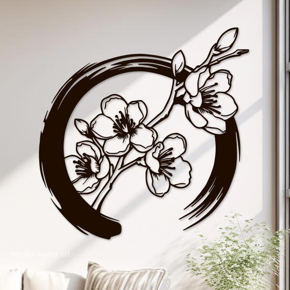 Cherry Blossom Wood Wall Decor, Japandi Wall Art, Enso Symbol