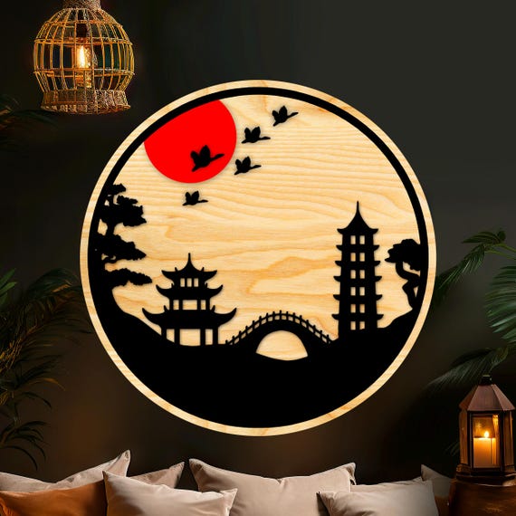 Japandi Wall Art, Multilayer Wooden Round Wall Decor, Bonsai Tree Wall Hanging, Asian Artwork, Japanese Bedroom Decor, Torii Gate Art