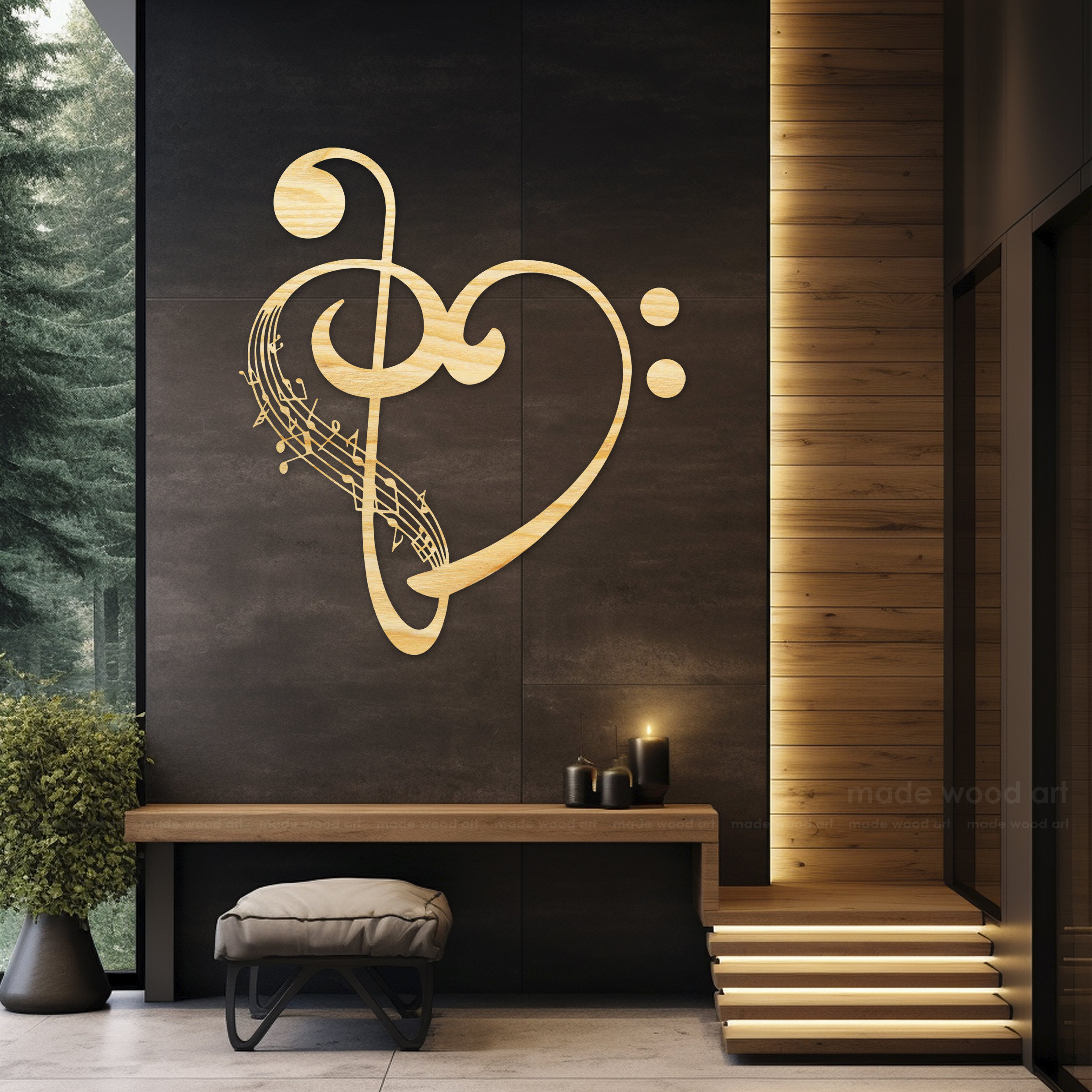 音楽木製ウォールアート、音符ハート、ト音記号サイン、愛のシンボル