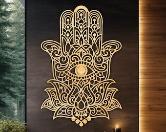 Hamsa Hand, Lotus Flower Wall Art, Hamsa Wall Art, Wood Wall Decor, Hand of Fatima, Jewish Art, Jewish Home Blessing, Judaica, Meditation