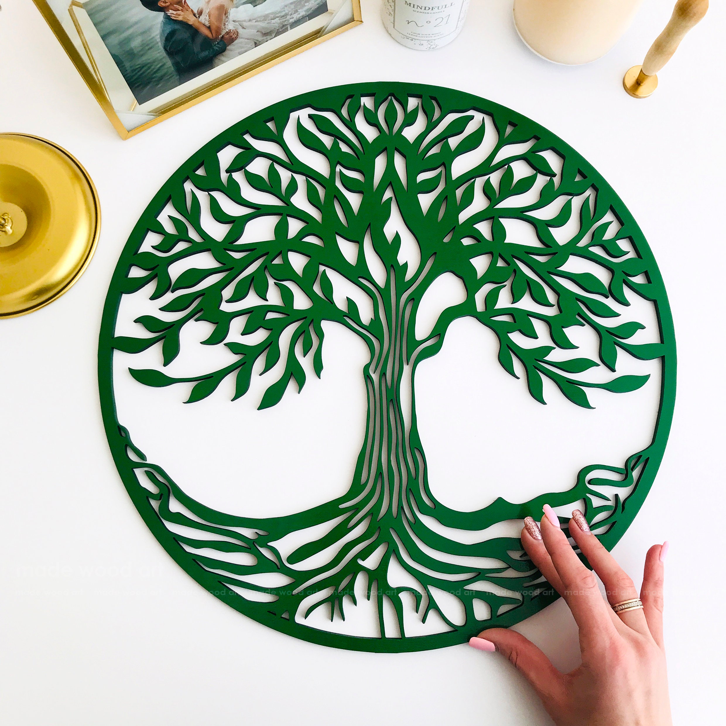 Handcrafted Tree Of Life Wall Decor - Gold Finish, 12" Diameter, Solid Wood, Indian Artisan Made - View #3