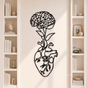 Op de afbeelding: Een zwart metalen wanddecoratie met een doorlopende lijntekening van een menselijk brein dat via een stengel met bladeren verbonden is met een menselijk hart. Het ontwerp is verticaal georiënteerd en toont anatomische structuren.