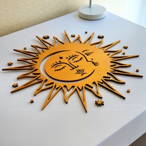 Sun and Moon Wall Art, Gold Sun Wood Wall Decor, Outdoor Sun Wall, Celestial Wall Hanging, Boho Wall Decor Bedroom, Half Moon, Above Bed