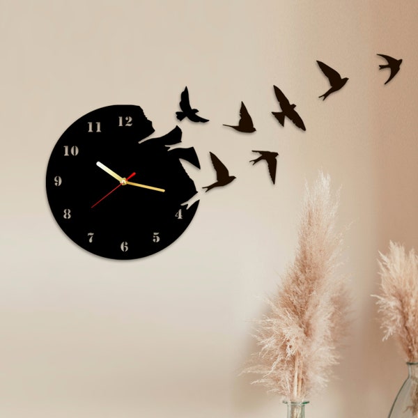 Unique Wall Clock, Wooden Wall Decor, Rustic Wall Clock, Wood Wall Art, Silent Wall Clock, Clocks for Wall, Bird Lover Gift, Apartment Decor