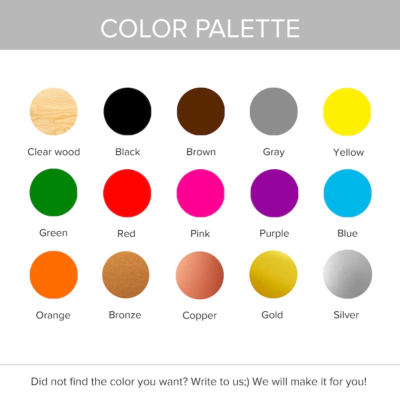 Op de afbeelding: Kleurenpalet met 15 verschillende kleuren, waaronder licht hout, zwart, bruin, grijs, geel, groen, rood, roze, paars, blauw, oranje, brons, koper, goud en zilver.