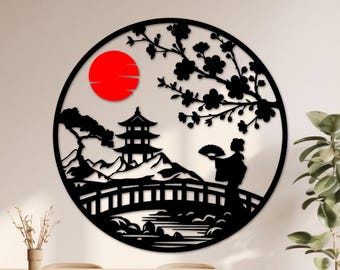 Wooden Cherry Blossom, Japandi Wall Art, Sakura Bedroom Decor, Bonsai Tree, Geisha Wall Hanging, Japanese Gift, Round Artwork, Asian Art