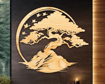 Wooden Bonsai Tree, Japandi Wall Art, Japanese Bedroom Decor, Round Wall Hanging, Circle Tree of Life, Boho Living Room Artwork, Enso Sign
