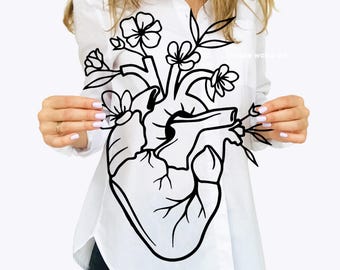 Anatomisch hart en bloemen, anatomische kunst, houten muurdecoratie, cadeau cardioloog, menselijk hart, medisch kantoordecor, medische school