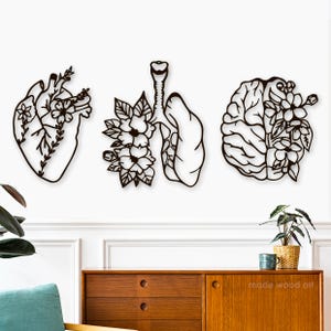 3 Piece Wood Wall Art, Medical Office Decor, Doctor Gift, Human Anatomical, Heart Brain Lungs with Flower, Nurse Room Decorations