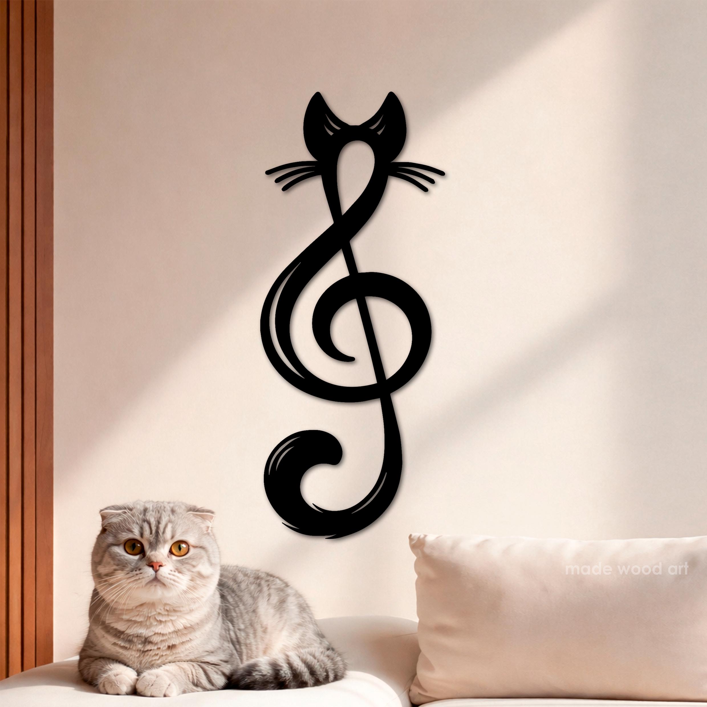 Music Note Wall Decor, Wooden Funny Cat, Treble Clef, Living Room
