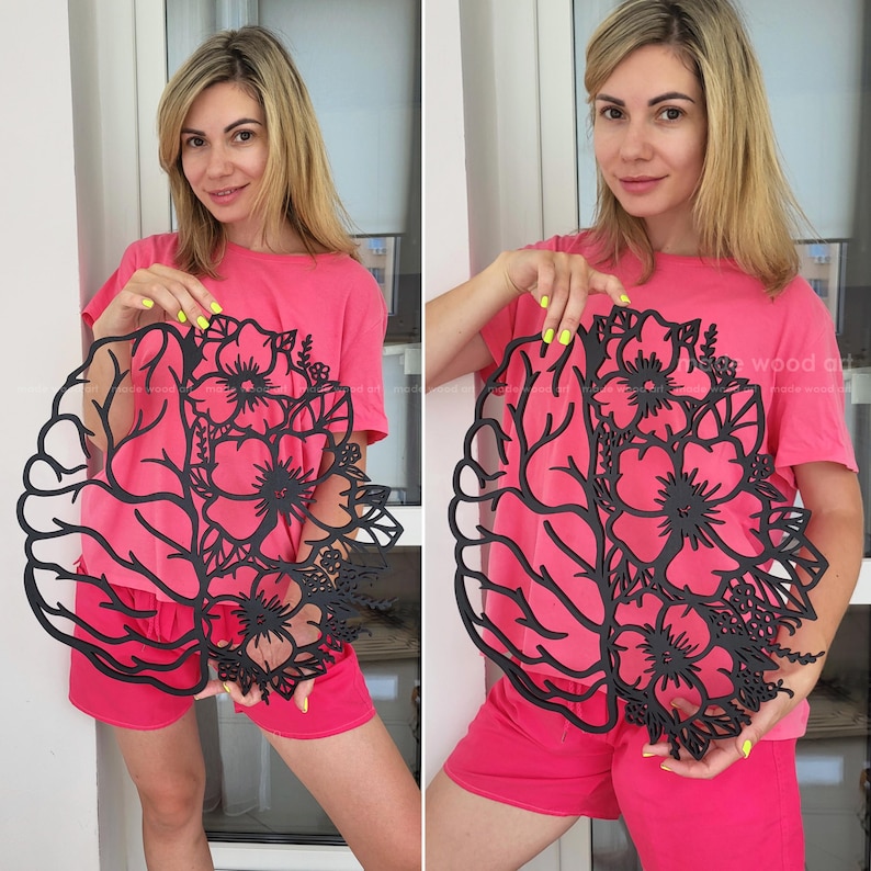 May include: A black laser-cut wall art piece featuring a split design where one side depicts the anatomical structure of a human brain and the other side displays a detailed arrangement of blooming flowers and leaves with intricate cutouts.