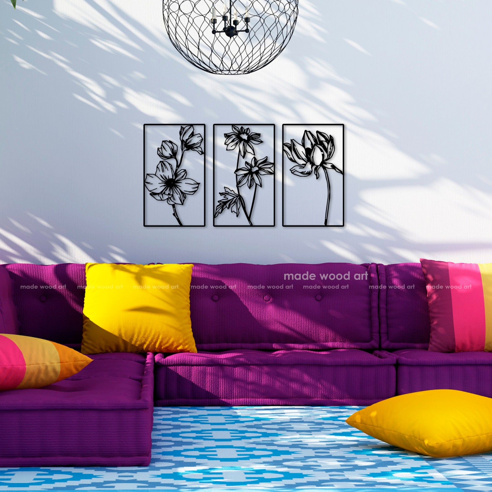 Wooden Flower Wall Decor Triptych Wall Art Wood Wall Art Wood Etsy