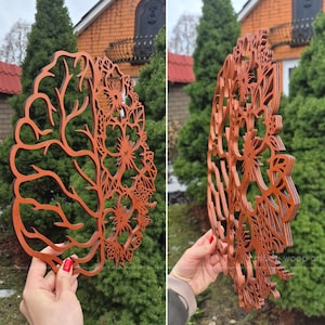May include: A laser-cut wooden wall art piece featuring a split design. One side depicts the anatomical structure of a human brain with intricate sulci and gyri, while the other side displays a detailed floral pattern with various blossoms.