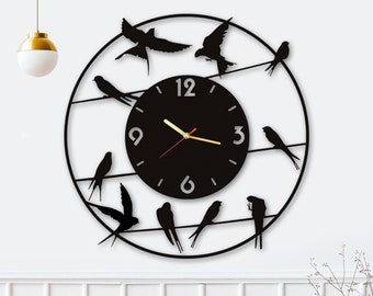 Modern Wall Clock, Wood Clock for Wall, Unique Wall Clock, Kitchen Art, Wooden Bird Wall Decor, Apartment Decor Aesthetic, Silent Clocks