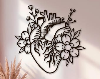 Anatomisch hart, houten muurkunst, cadeau voor cardioloog, menselijk bloemenhartkunstwerk, dokterscadeau, medisch kantoordecor, medisch student