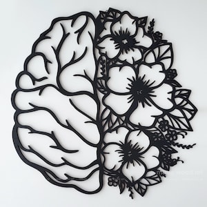 May include: A black wall art piece featuring a split design. The left side depicts the anatomical structure of a human brain with branching lines, while the right side is composed of detailed floral patterns with multiple blossoms and leaves.