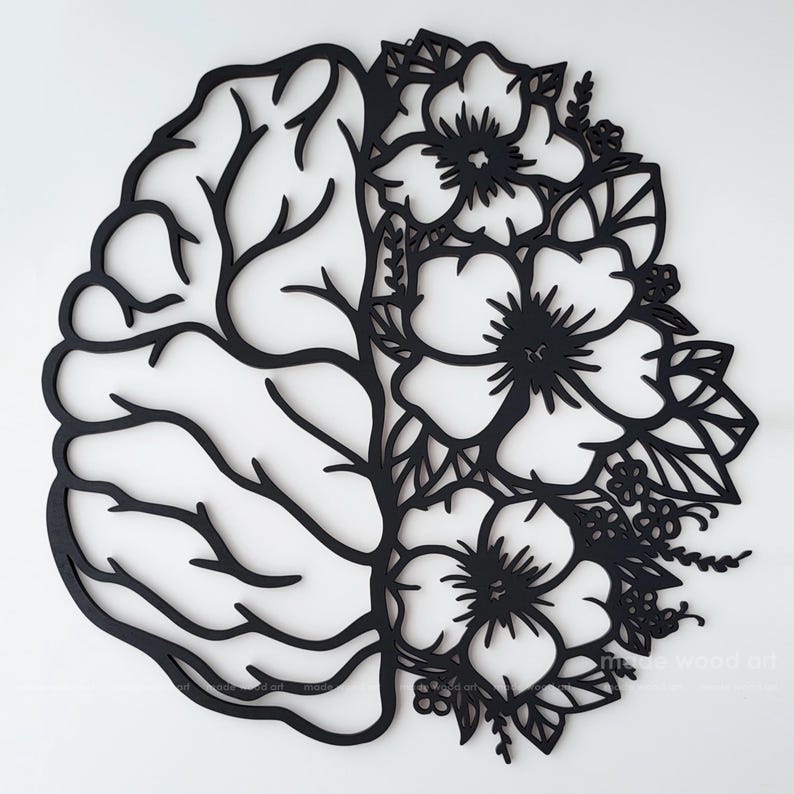 May include: A black wall art piece featuring a split design. The left side depicts the anatomical structure of a human brain with branching lines, while the right side is composed of detailed floral patterns with multiple blossoms and leaves.