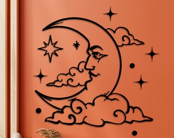 Puede incluir: Decoración de pared en blanco y negro con una luna creciente con cara y nubes. La luna está rodeada de pequeñas estrellas.