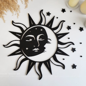 Sun and Moon Wall Art, Wooden Celestial Decor, Boho Wall Decor Bedroom, Wall Hanging, Half Moon, Outdoor Sun Wall, Above Bed, Moon and Stars