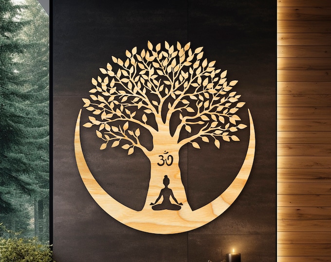 Buddha-Wandkunst, Holzbaum des Lebens, Meditationsdekoration, Om-Zeichen, Zen-Kunstwerk, spirituelles Geschenk, Yoga-Posen, Meditationsraum, Wandbehang