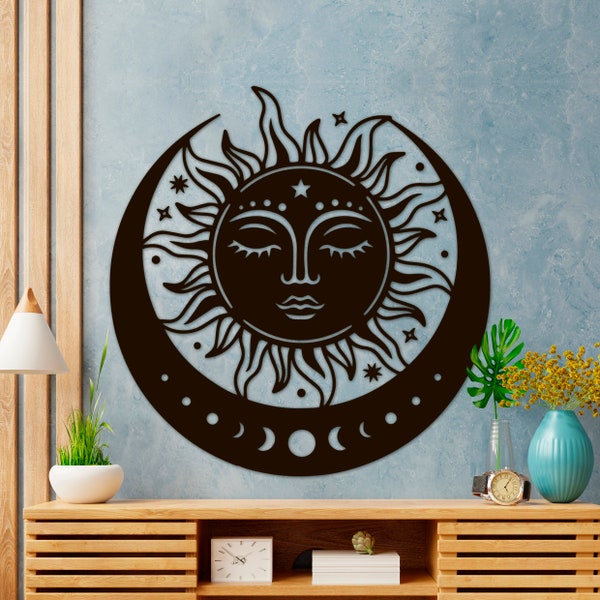 Arte de la pared de madera del sol y la luna, decoración de la pared de madera, decoración de la pared de la luna creciente de madera, colgante de la pared del sol y la luna, decoración boho, decoración de la pared del sol y la luna