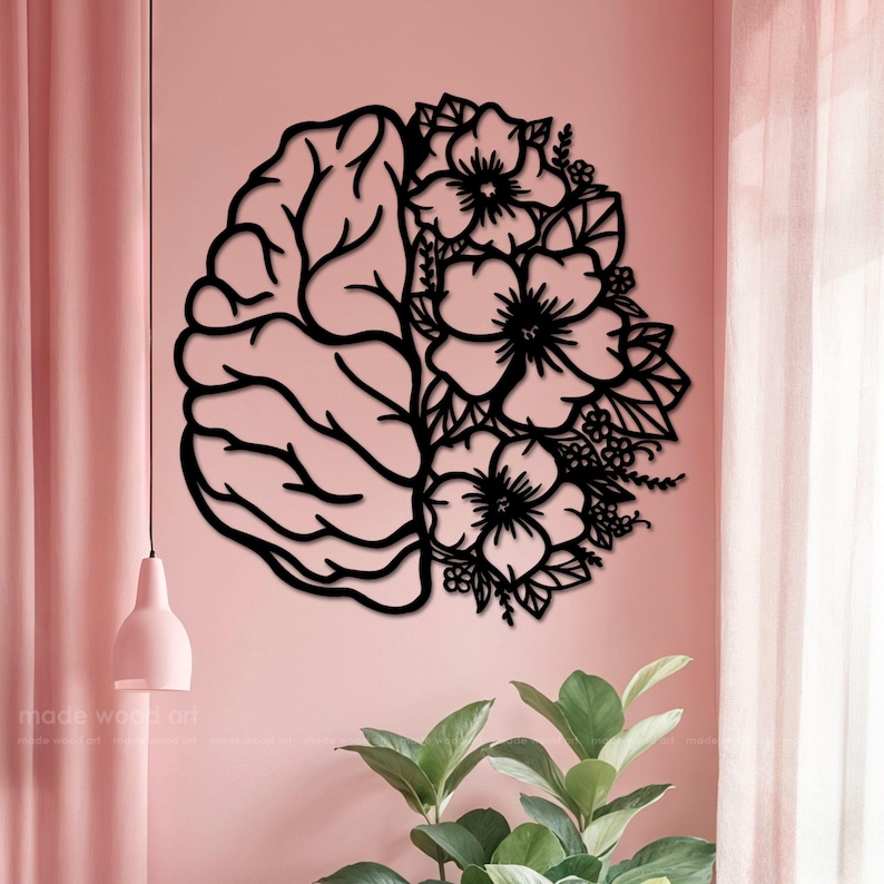 May include: A black wall-mounted cutout featuring a split design. One half depicts the anatomical structure of a human brain with intricate folds, while the other half is composed of detailed floral patterns including large blossoms and leaves.