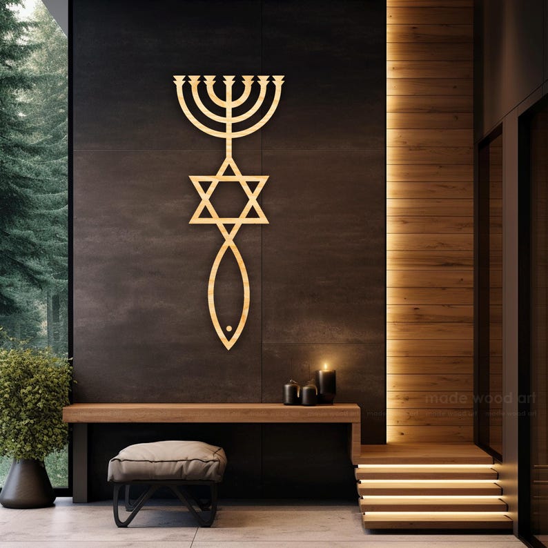 May include: A wooden wall art piece featuring a menorah, Star of David, and fish symbol. The artwork is a light brown color and is mounted on a dark gray wall. The scene includes a bench, stool, and candles.