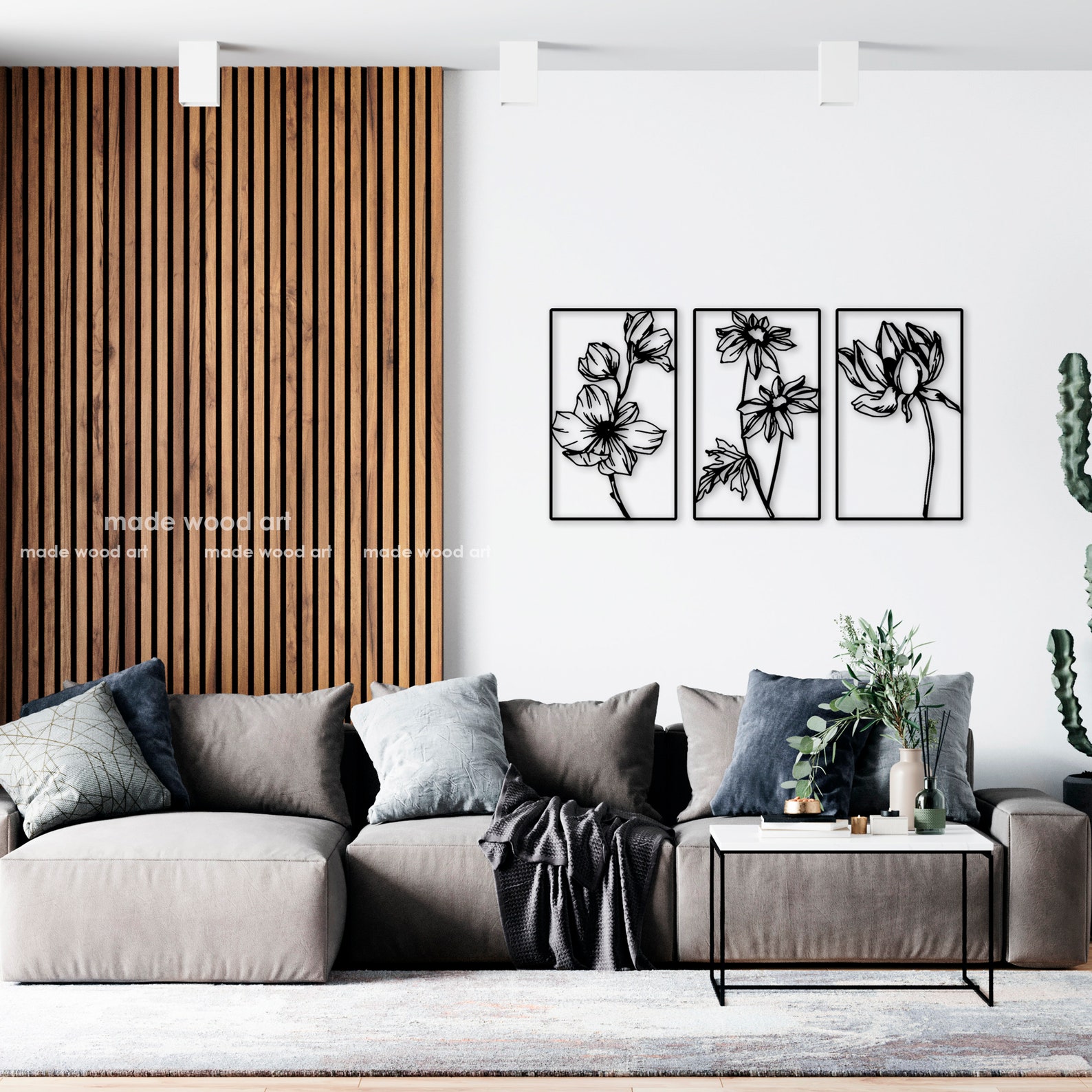 Wooden Flower Wall Decor Triptych Wall Art Wood Wall Art Wood Etsy