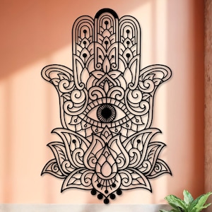 Wooden Hamsa Hand, Lotus Flower Wall Decor, Judaica Art, Hand of Fatima, Jewish Home Blessing, Hebrew Hamsa Symbol, Livingroom Decoration