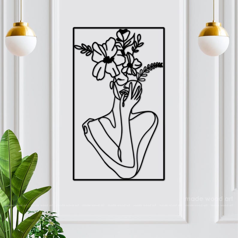 Woman Line Art, Wood Floral Art, Wall Hangings, Minimalist Wall Decor