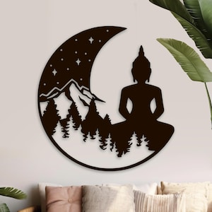 Buddha Meditating On The Mountain, Meditation Room Decor, Wood Wall Art, Zen Artwork, Yoga Studio Gifts, Hindu Wall Sign, Spiritual Decor