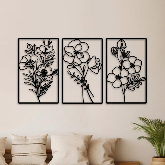 Wood Triptych Wall Art, Flower Line Art, Large 3 Piece Decor